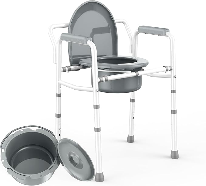 3 in 1 Bedside Commode with Arms 350 lbs, Width 21.5'' Steel Toilet Commode Adjustable Height, Porta Potty for Adults Commode Chair with 6QT Bucket, Easy Cleaning, Tool-Free Assembly