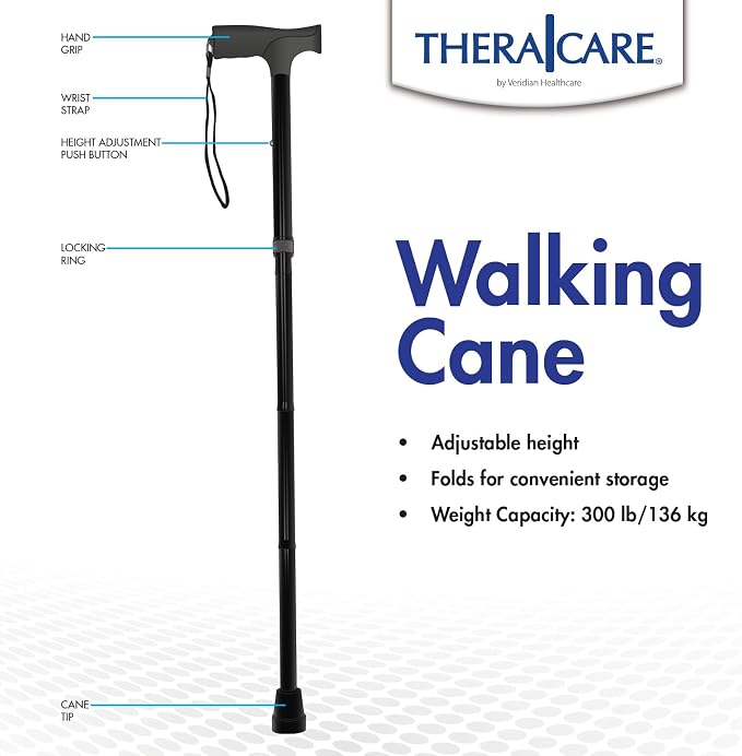 Thera|Care Adjustable Folding Walking Cane | 33” to 37” Height | 300 lbs 136 kg Weight Capacity | Sturdy, Lightweight Aluminum | Folds with Included Storage Pouch