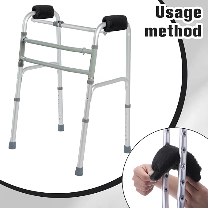 2 Pcs Walker Handle Cushions Fluffy Walker Hand Pads Universal Padded Rollator Hand Cover for Folding Rolling Wheelchair, Senior, Elderly Grippers, with 2 Extra Foam Pads(Black)