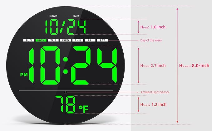 Digital Wall Clock with Large LED Display, Date, Temperature, Auto-Brightness | Small [PLUG-IN] Clock | Modern Electric Wall Clock for Bedroom, Classroom, Living Room, Home, Office, Farmhouse – Green