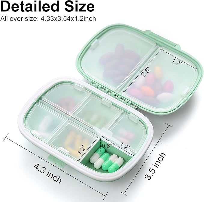 2 Pack 8 Compartments Travel Pill Organizer, Daily Pill Case Small Pill Box for Pocket Purse, Portable Pill Container Medicine Vitamin Organizer (Cyan & Khaki)