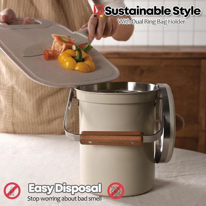 WAGENSTEIGER Kitchen Countertop Compost Bin 101ounces / 3Liters, Airtight Lid SUS304 Stainless Steel Odor-Free Food Waste Bin with Wooden Handle Stylish Design Bathroom Trash Can (Off-White)