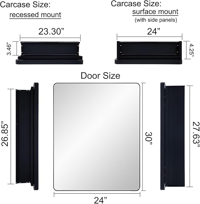 Black Bathroom Mirror Medicine Cabinet with Round Corner Framed Door 24 x 30 inch, Recessed or Surface Mount, with Adjustable Glass Shelves