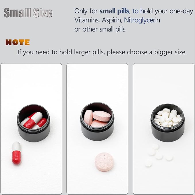 Portable Daily Pill Case, Heavy Duty Aluminium Alloy Round Pill Box, Waterproof Travel Pill Organizer, Pocket Purse Medicine Vitamin Holder EDC Container for Outdoor Camping Working