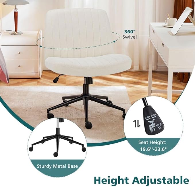 Criss Cross Chair with Wheels, Ergonomic Armless Swivel Comfy Vanity Seat, Wide Back Support and Adjustable Height for Home Office Bedroom Computer Gaming Makeup, Beige Fabric