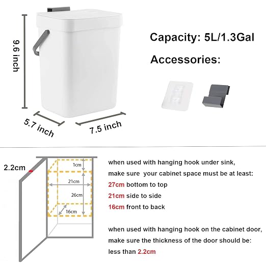 LALASTAR Compost Bin Indoor Kitchen Sealed, Hanging Small Trash Can with Lid Under Sink for Kitchen, Food Waste Bin for Countertop, Mountable Garbage Can for Bathroom, RV, 5L/1.3 Gal, White