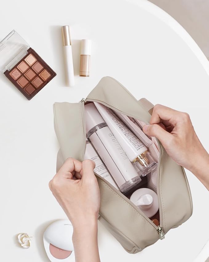 PU Leather Large Travel Toiletry Bag Women Toiletries Bag Skincare Bag Makeup Bag Organizer Make up bag Cosmetic Bag Medicine Bag for Girls (Large, Brown)