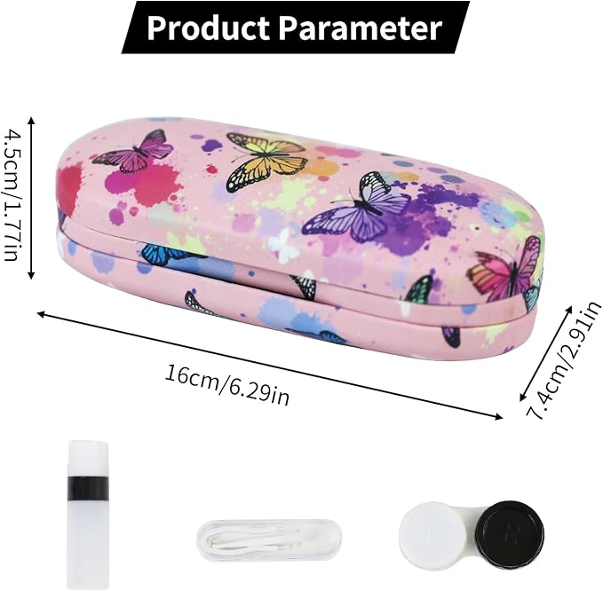 2 in 1 Contact Lens Case and Eyeglasses Case for Women Men Kids, Double Sided Hard Shell Portable Glasses Travel Holder with Built-in Mirror, Contact Lens Box (Pink Butterfly)