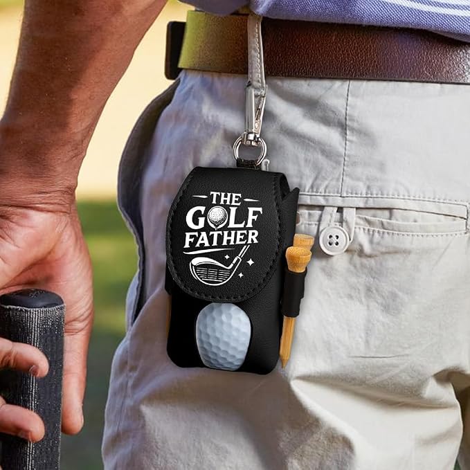 Wrappiness The Golf Father Golf Ball Bag - Golfer Accessories for Men Premium Leather Holder with Clip - Custom Golf Tee Pouch Unique Gift for Dad