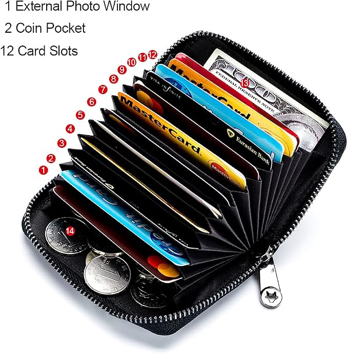 Genuine Leather Credit Card Wallet Accordion Zipper Rfid Credit Card Holder Small Coin Purse with ID Window (black)
