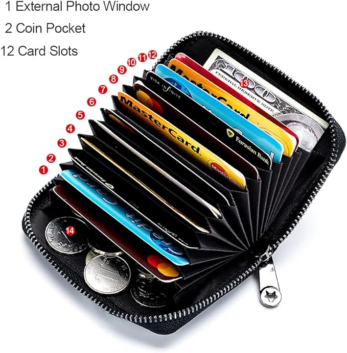 Genuine Leather Credit Card Wallet Accordion Zipper Rfid Credit Card Holder Small Coin Purse with ID Window (dark blue)