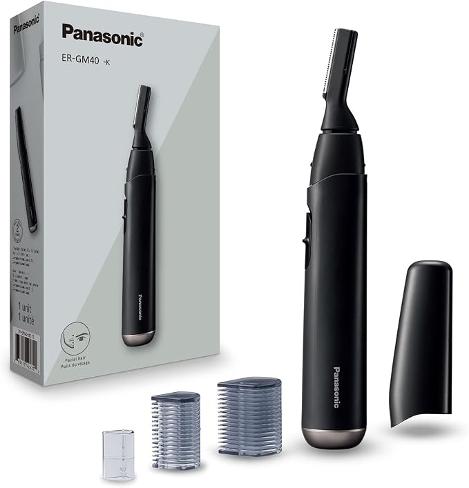 Panasonic Facial Hair Trimmer for Sensitive Skin, Unisex Detailer with Flexible Head, Gentle on Acne, Includes 2 Eyebrow Attachments, Wet/Dry Facial Trimmer for Men and Women - ER-GM40-K (Black)