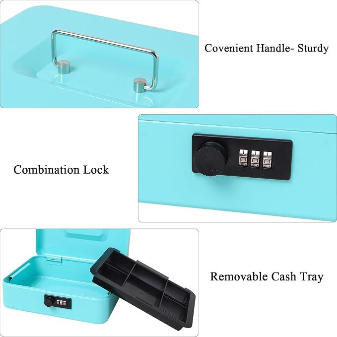 Jssmst Large Cash Box with Combination Lock - Durable Metal Cash Box with Money Tray, light blue (9.84 x 7.87 x 3.46)