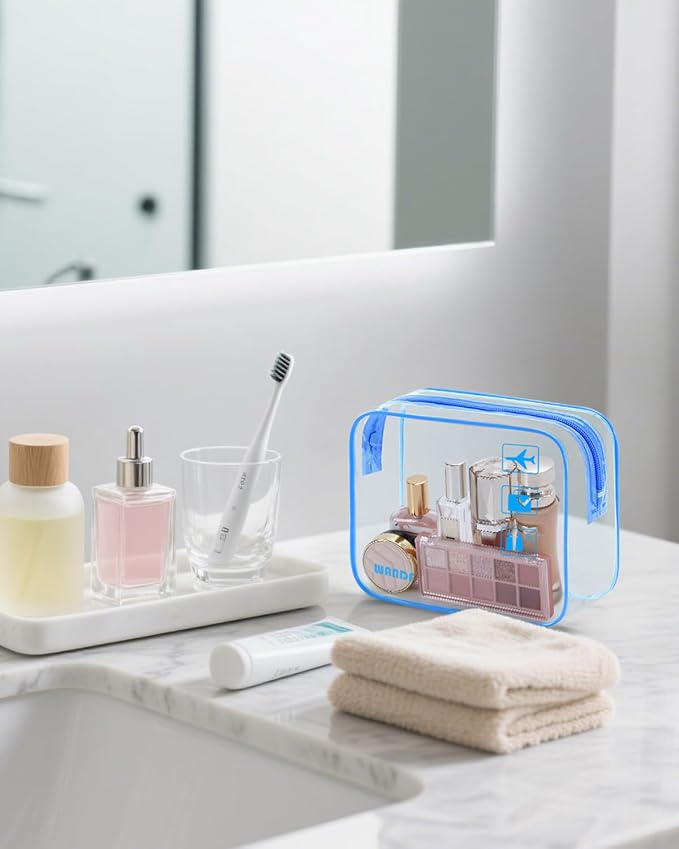 WANDF TSA Approved Toiletry Bag, 2 Pack Clear Makeup Bag | Quart Size, Airport Carry-On, TSA Liquids Travel Bag, Clear PVC, Women Men Travel Essentials