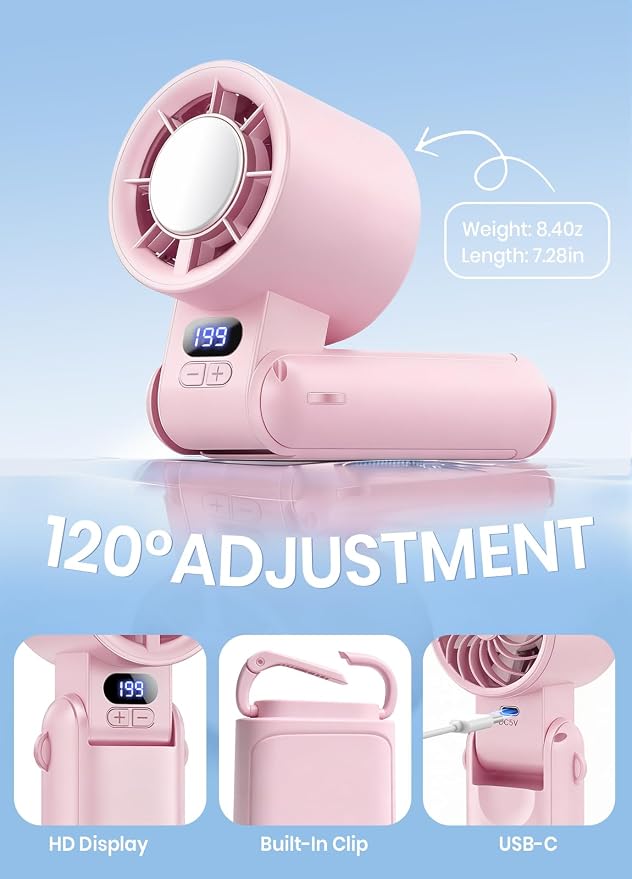Portable Handheld Turbo Fan, 1-199 Speed Adjustable, Pink | 4 IN 1 Pocket Design with LED Display, High-Power Motor, Rechargeable Battery, Mini Fans for Indoor/Outdoor/Travel/Work