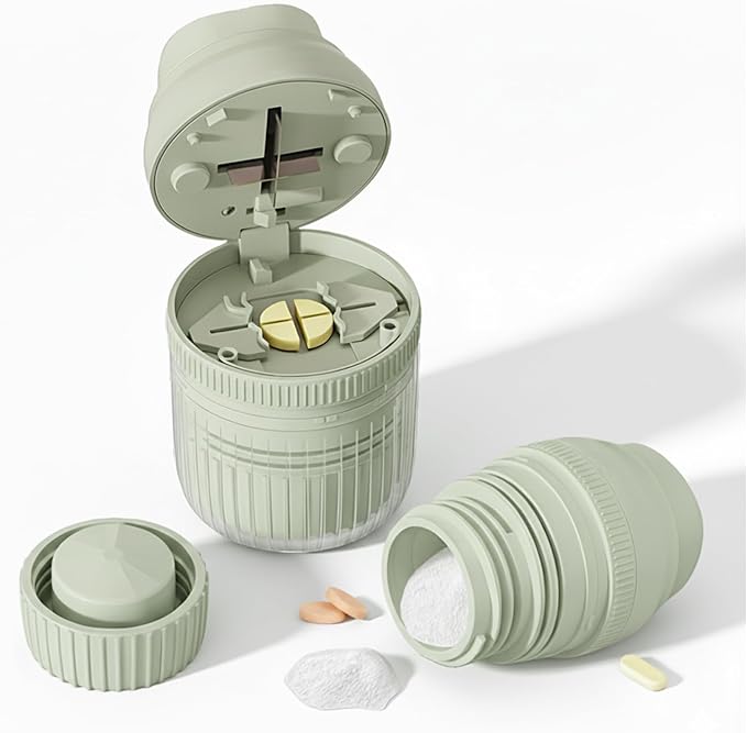 3-in-1 Pill Crusher Fine Powder - 1/4 1/2 Pill Cutter Splitter for Small and Tiny, Grinder for Elderly with Storage and Measuring Cup (Light Green)