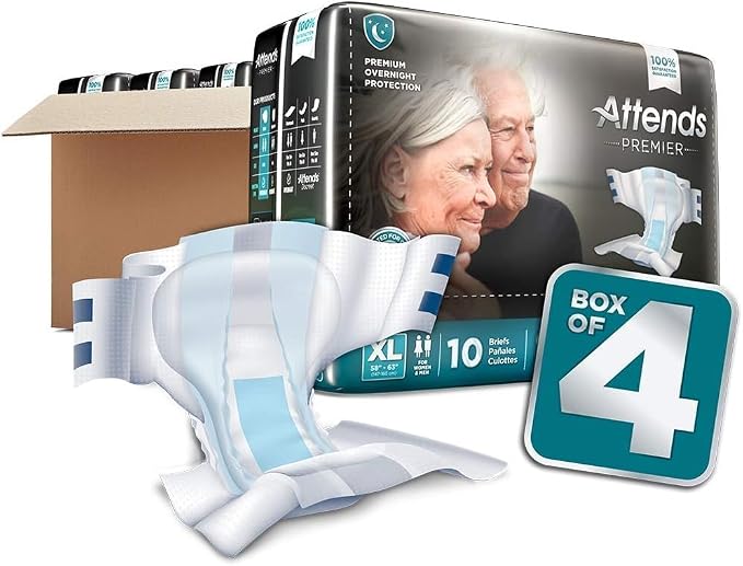 Attends Premier Adult Disposable SmartCool® Briefs, X-Large, 58-63" High-Rise Waist Tab Closure, Premium Overnight Dry-Lock Protection, Odor Control, 40ct Case