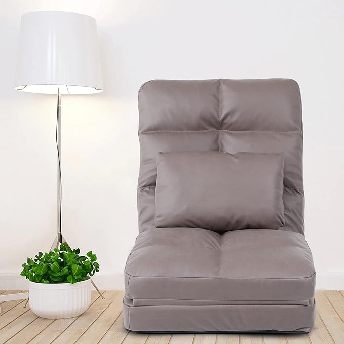 Indoor Chaise Lounge Sofa, Floor Chair with Back Support for Adults, 14 Angle Adjustment Recliner Chair, Folding Floor Lounger with Pillow 8823(Brown-1)