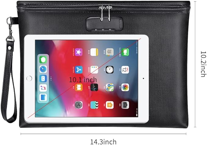 Fireproof Document Bag with Lock, ZOOPIP 14.3"x10.2" Fireproof and Waterproof Money Bag with Zipper Closure, Storage Pouch for A4 Letter Size Document, Cash, Cell Phone, Tablet, Credit Card,Passport