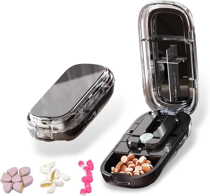 Pill Cutter,Precisely Split Small or Large Pills and Vitamins of Various Shapes with a Safe, Self-Retracting Blade (Black 1/2,1/4)
