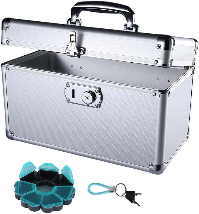 Large Portable Lockable Storage Box, Gloss Bright Silver | Aluminum Lock Box, With Keys, For Medication, Jewelry & Personal Valuables, For Shared Apartments & Dorms, For Him & Her