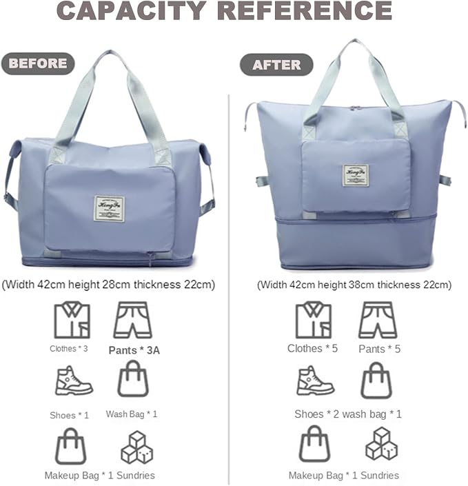 Large Capacity Folding Travel Bag, Lightweight Waterproof Luggage Bag, Expandable Travel Duffel Bag, Dry Wet Separated Gym Tote Bag, Weekender Overnight Bags for Women and Man (Blue)