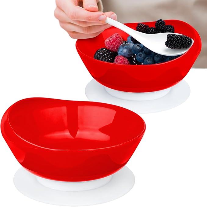 2Pack Spill Proof Scoop Bowl with Non-Skid Suction Base, Adaptive Self-Feeding Dinnerware for Elderly and Disabled(Red)