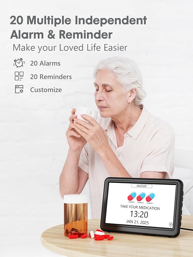 Dementia Clock for Seniors with Large Display & Daily Reminders | 12 Themes, 20 Custom Alarms, 18 Ringtones, Medication Reminders, Automatic Dimmer, Digital Calendar Display for Elderly Care