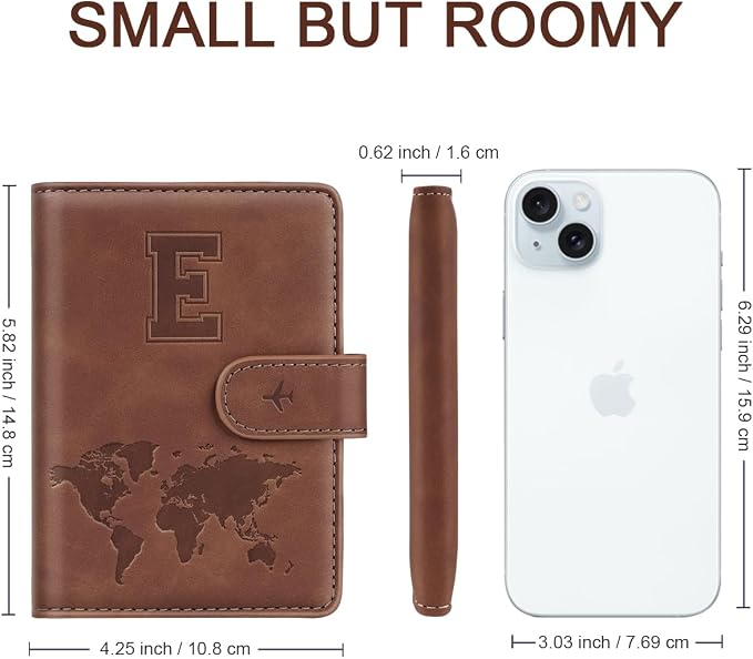 Passport Holder Wallet Cover Personalized Initial Travel Essentials | Embossed Letter A-Z Design, Travel Wallets, RFID Blocking, Passport Book Holders, Women Men, Personalized Gifts, Brown-E