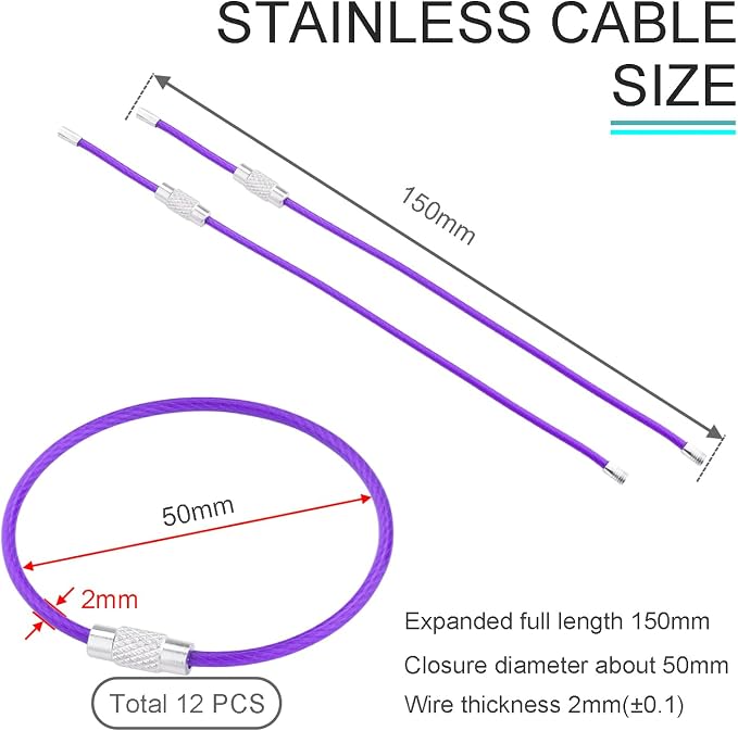 CooBigo 12 Pack Stainless Steel Loops 2mm Coated Wire Keychain Cable Large Key Rings 6 inch Key Chain for Women, Luggage Tags, Key Tags, Keyrings, Kitchen Utensils, Duster - Purple