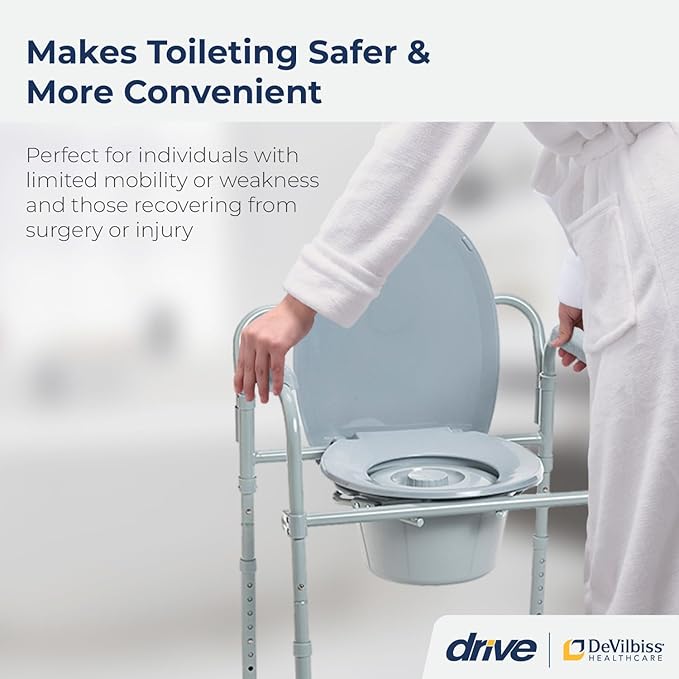 Drive Medical Folding Steel Bedside Commode Chair - 3-in-1 Portable Toilet - Adjustable Height - 350 Lb Weight Capacity - 7.5 Qt Bucket - Adult Commode - Grey