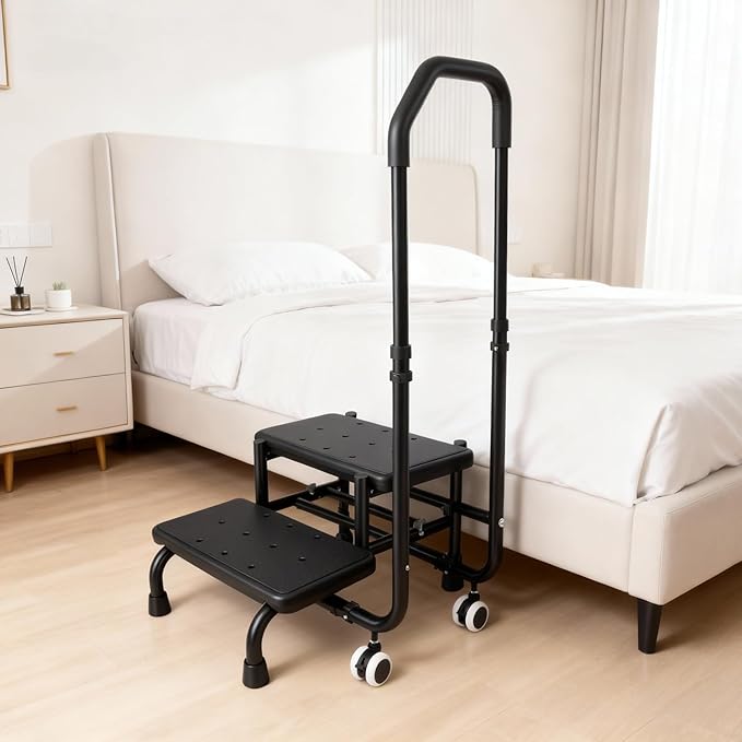 2 Step Stool with Handrail & 2 Casters for Elderly, Bed Steps for High Beds for Adults, Non Slip Platform and Adjustable Handrail, for Kitchen Bathroom RV Bathtub, Assist Rail for Elderly, Black
