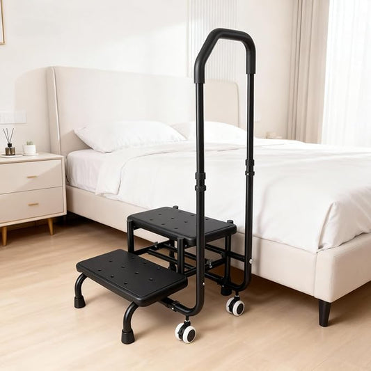 2 Step Stool with Handrail & 2 Casters for Elderly, Bed Steps for High Beds for Adults, Non Slip Platform and Adjustable Handrail, for Kitchen Bathroom RV Bathtub, Assist Rail for Elderly, Black