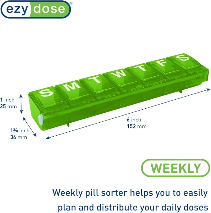 EZY DOSE Weekly (7-Day) Daily Pill Container, Medicine Planner, Vitamin Organizer, Large Locking Compartments Secure Prescription Medication and Prevent Accidental Spilling, Green, BPA Free