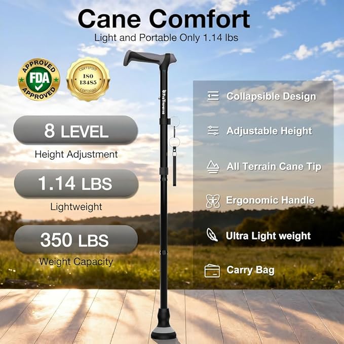 Walking Cane for Men & Women,Foldable,Adjustable,Self Standing Cane with Wrist Strap&Tag,350lbs Heavy Duty,All Terrain,Collapsible Walking Sticks for Seniors & Adults,Black