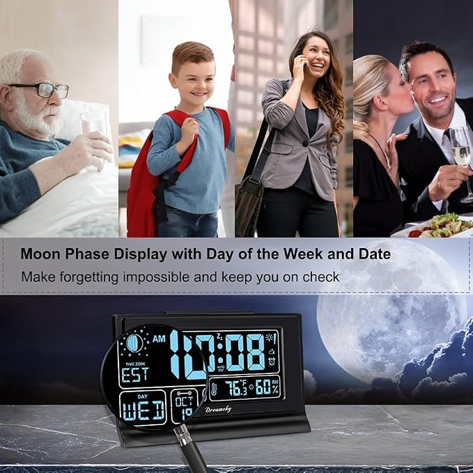 DreamSky Alarm Clocks for Bedrooms with Battery Backup, Auto Set | Digital Clock with Date and Day of Week, Indoor Temperature Humidity, Moon Phase, Dimmer, Auto DST, USB Port