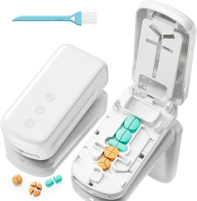 Pill Cutter Splitter for Small and Tiny Pills, 1/2 1/3 1/4 Pill Splitter for Small Pills,Vitamins, Tablets in Half or Quarters, Accurate and Easy Cutting, Stainless Steel Blade, Back Storage (White)