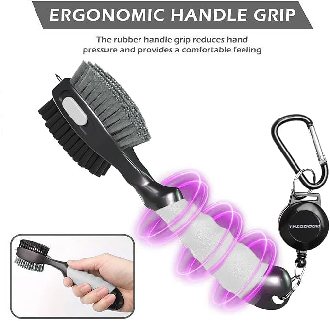 THIODOON 2 Pack Golf Club Brushes and Groove Cleaner 2 ft Retractable Zipline Carabiner Golf Brush Head with Retractable Spike Comfortable Grip Golf Club Cleaner