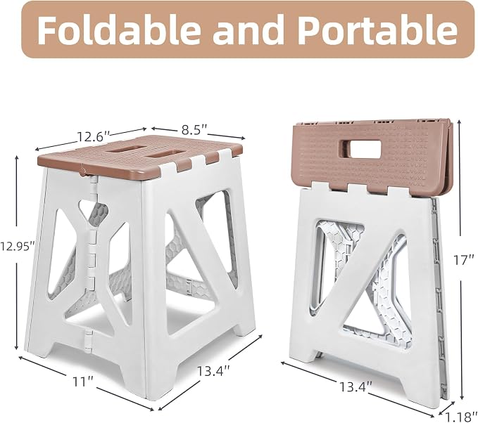 neotidy Foldable Step Stool (1 Pack), 12.9” Tall up to 300 lb Sturdy Plastic Folding Step Stool for Adults Kitchen Bathroom, Portable Small Stool Travel Foot Stool Brown