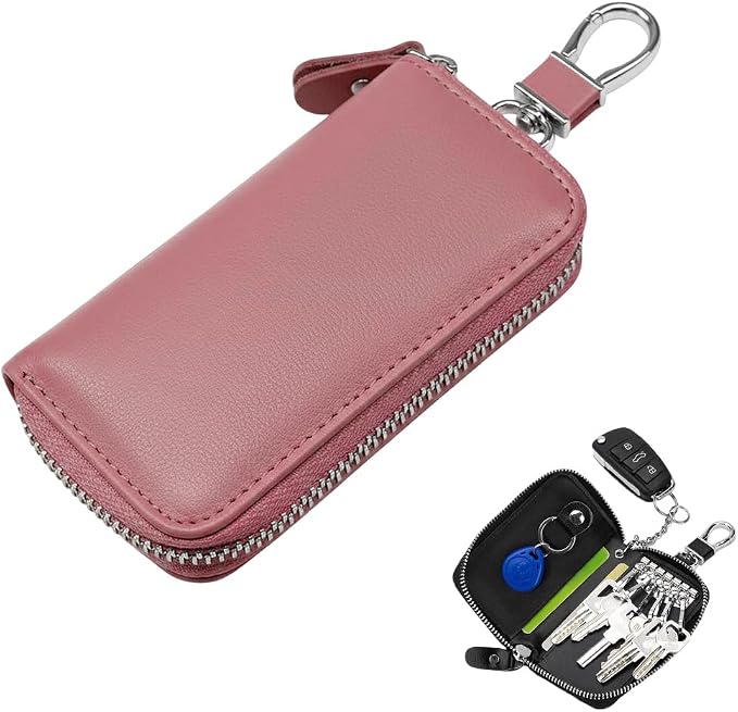 Leather Car Key Holder Bag, Unisex Key Fob Case with 6 Hooks, Zipper Closure Keychian Case Wallet for Smart Keys (Bean Pink)