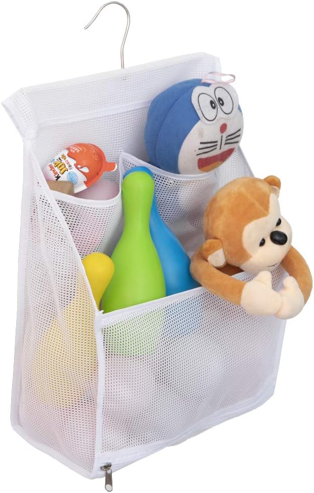 ALYER Hanging Mesh Bath Toy Organizer Bag,Large Shower Storage Caddy with Durable Hanger (White)