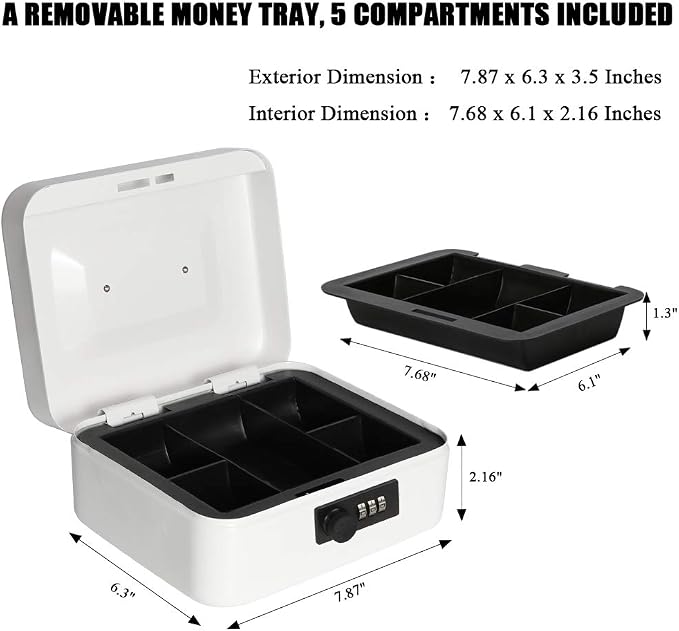 Jssmst Medium Cash Box with Combination Lock - Durable Metal Cash Box with Money Tray White,7.87 x 6.3 x 3.35 inches, SM-CB07005M