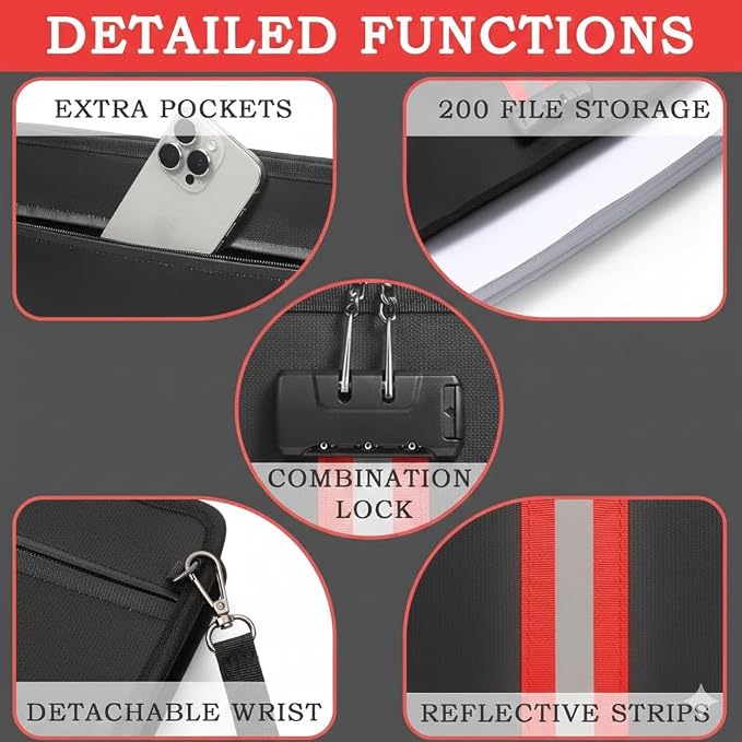 Fireproof Document Bag with Lock,13"×9"×1" Fireproof and Waterproof Cash Bag with Zipper, Premium Fiberglass, Fire Safe Storage for Documents, Passports, Cash, Valuables