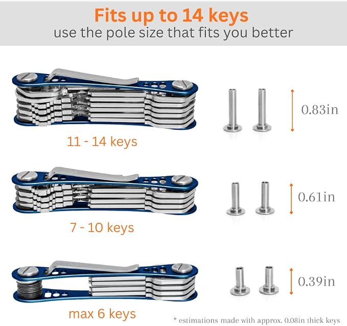 EM Compact Key Holder, Pocket Key Organizer, 14 Keys Key Bar | Fits 4.6 mm or larger keyholes only. Small hole keys like mailbox keys may not fit. Anti jingle, removable clip