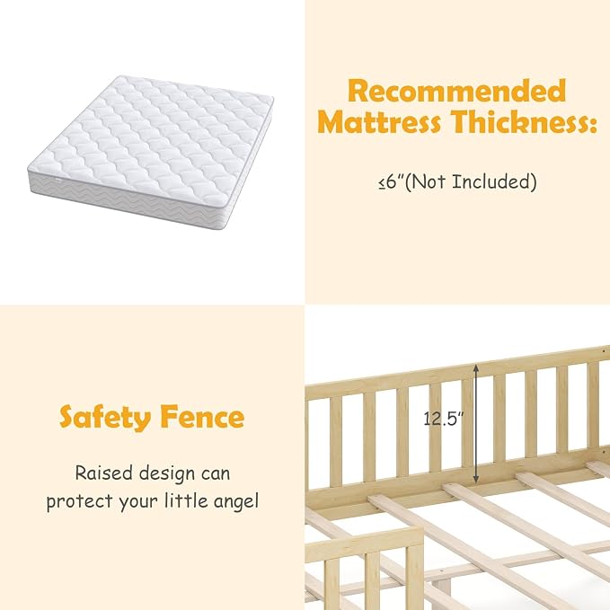 Giantex Full House Bed with Drawers, Wooden Full Size Bed Frame with Cube Storage & Fence Rails, Montessori Beds for Kids Boys Girls, Bedroom, Living Room, No Box Spring Needed, Natural