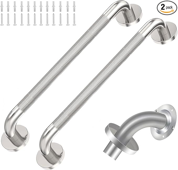 2 Pack 18 inch Shower Grab Bar with Knurled Anti-Slip Grip, ADA 500lbs Supporting, Grab Bar for Bathroom with Concealed Screws, Stainless Steel Chrome Polished Handicap Grab Bar for Christmas Gifts
