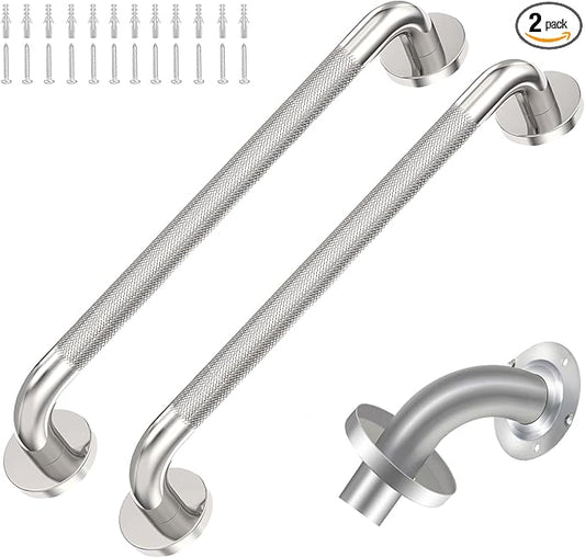2 Pack 18 inch Shower Grab Bar with Knurled Anti-Slip Grip, ADA 500lbs Supporting, Grab Bar for Bathroom with Concealed Screws, Stainless Steel Chrome Polished Handicap Grab Bar for Christmas Gifts