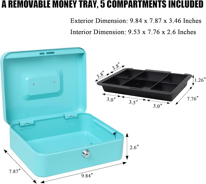 Jssmst Cash Box with Money Tray and Lock - Light Blue Money Saving Box for Cash Coins, Small Lock Box for Medication Personal Items, 9.84'' x 7.87'' x 3.46'', Light Blue