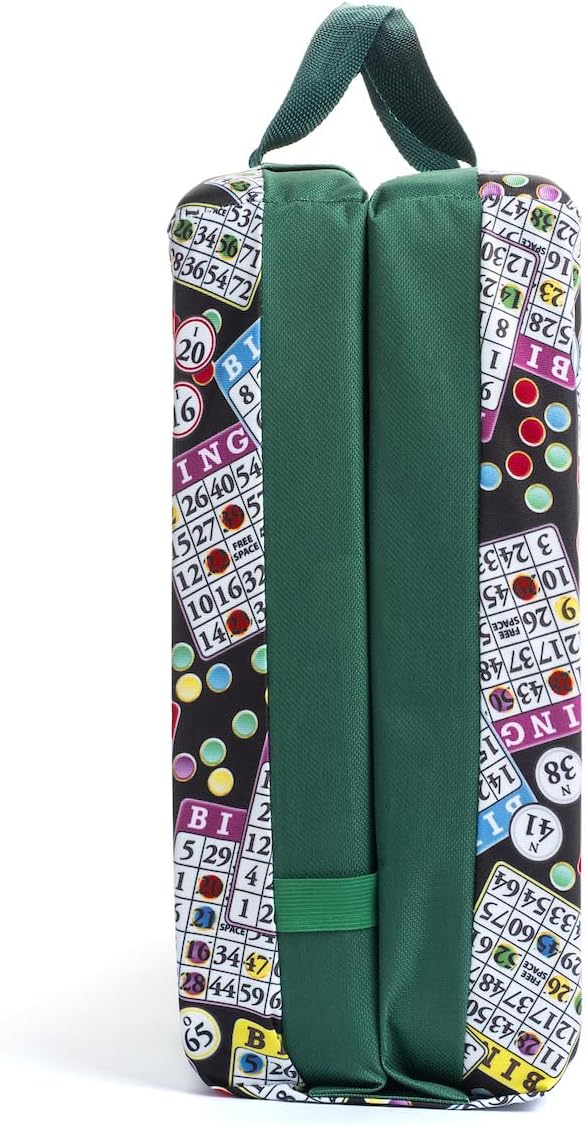 Classic Bingo Pattern Seat Cushion – Extra Thick 3” Bingo Pillow with Strap, Storage Pouch & Handles – Comfortable Folding Chair Cushion for Bingo Nights (Green)