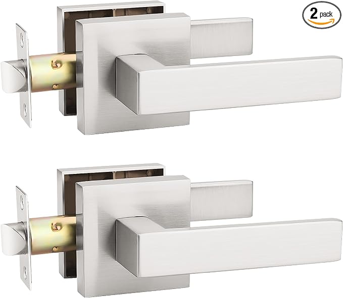 KNOBWELL 2 Pack Brushed Nickel Door Handle, Passage Door Knob Interior Closet Door Handle Without Lock and Key, Reversible for Left and Right(No Lock)